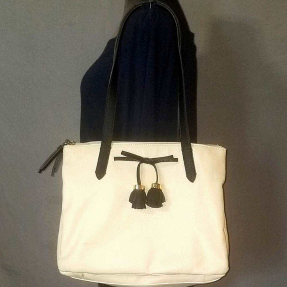 Liz Claiborne Off White Purse with Black Handles and Tassel Detail